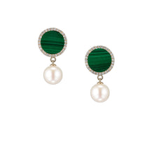 Load image into Gallery viewer, COLOUR HALO MALACHITE EARRINGS WITH FLOATING PEARLS
