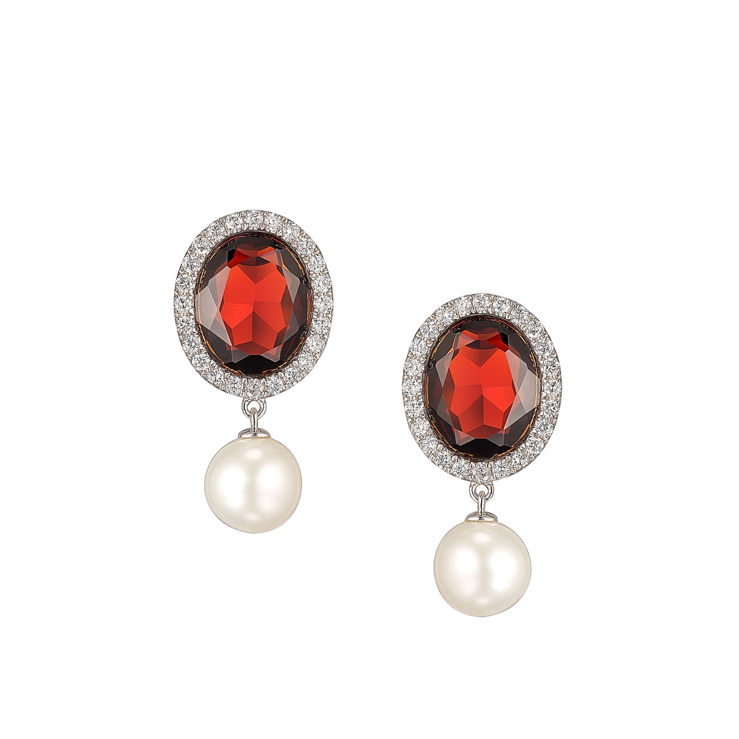 DELUXE OVAL GARNET DIAMOND EARRINGS WITH FLOATING PEARLS