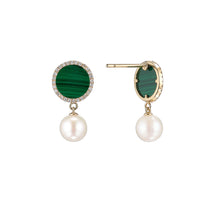 Load image into Gallery viewer, COLOUR HALO MALACHITE EARRINGS WITH FLOATING PEARLS
